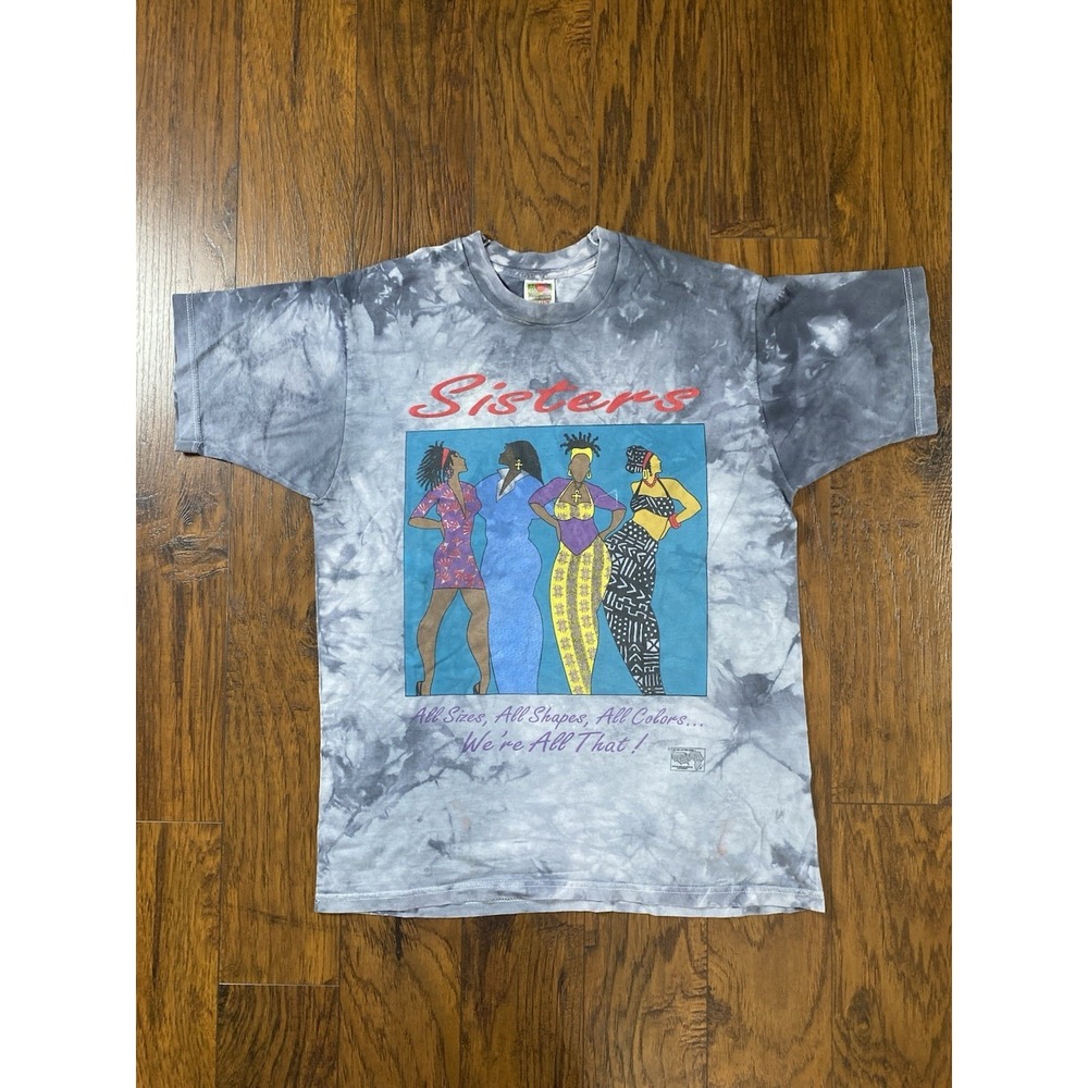 Vintage Fruit of the Loom Sisters Graphic Tie Dye T-Shirt Grey Large 90s USA